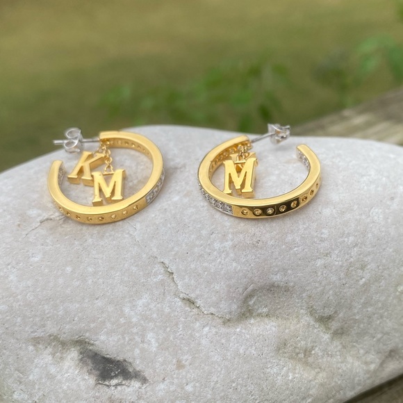 Danbury Mint Initial Hoop Earrings 14k gold plated w/ Diamonisse diamonds K & M - Picture 11 of 13